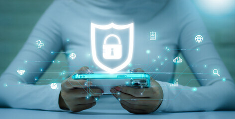 Technology and business. woman using smartphone to connecting and privacy locked blurred background.	