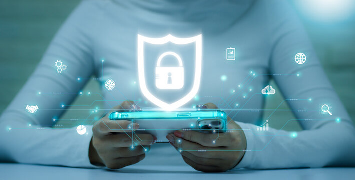 Technology and business. woman using smartphone to connecting and privacy locked blurred background.