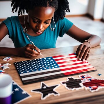 A black girl collects a puzzle in the form of the USA flag on the table, bright and colorful. A smart girl creates a masterpiece with her own hands. Generative Illustration Ai