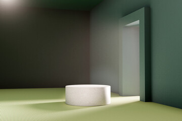 Fototapeta na wymiar Small dusty room, light coming in through open door. Dense air. Small stool for presentation. Template. Shades of green.