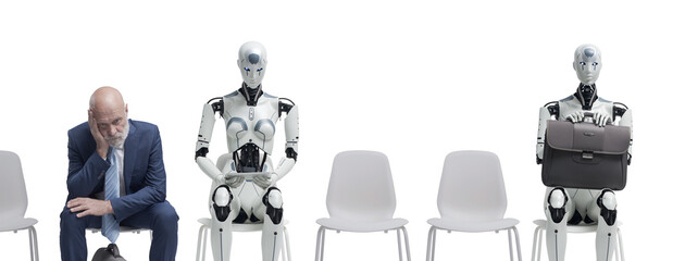 Man and AI robots waiting for a job interview
