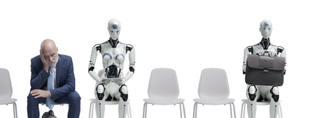 Man and AI robots waiting for a job interview