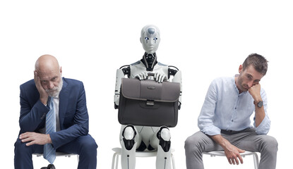 Tired job applicants and android robot - obrazy, fototapety, plakaty