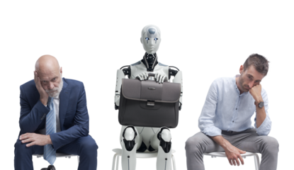 Tired job applicants and android robot