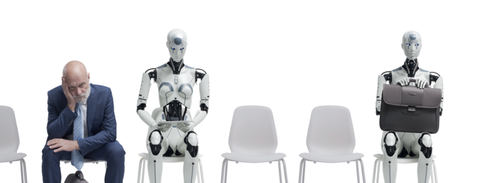 Man and AI robots waiting for a job interview