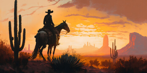 Wild West Sunset. Desert Landscape. Cowboy Rider - Illustration generativ ai 