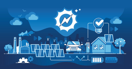 Green solar panel energy with renewable source from sun dark outline concept. Charge house and EV battery with alternative electricity as sustainable and nature friendly power type vector illustration