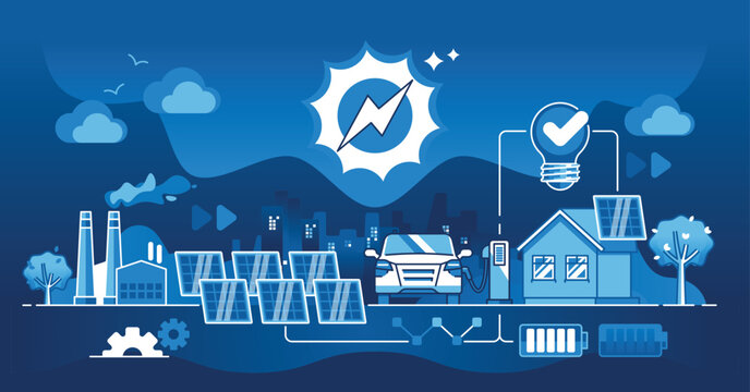 Green solar panel energy with renewable source from sun dark outline concept. Charge house and EV battery with alternative electricity as sustainable and nature friendly power type vector illustration
