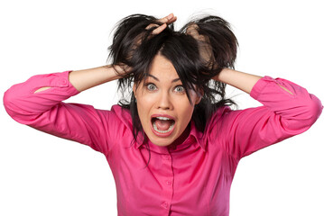 Young woman screaming and holding hair in horror on a white background - Powered by Adobe