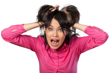 Young woman screaming and holding hair in horror on a white background