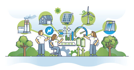 Smart grid station with renewable and green electricity power outline concept. Distributed network with solar panels, wind turbines or hydro power units vector illustration. Sustainable system control