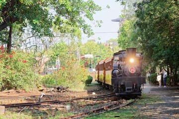 Obraz premium A tourist train, hauled by an antique steam locomotive, travels thru the lush green woods before entering Alishan Forest Railway Garage Park, which is an educational attraction in Chiayi City, Taiwan