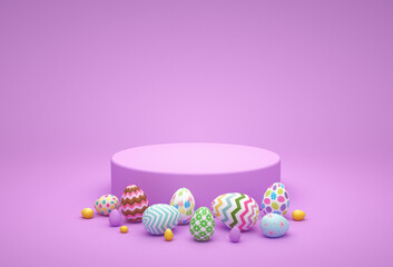 Happy Easter. Abstract art of colorful Easter Eggs with Pink or Purple background, and circle geometric shape. Product display podium mockup, 3d rendering illustration.