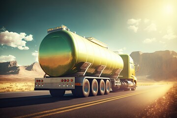 Gasoline tanker oil trailer truck on highway. Generative Ai