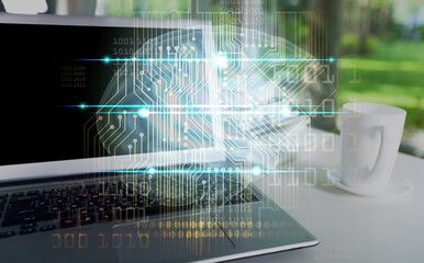 Modern laptop computer and brain image