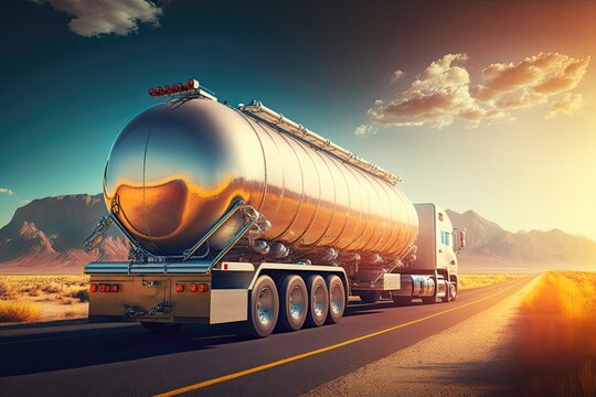 Gasoline tanker oil trailer truck on highway. Generative Ai