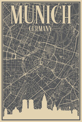Grey hand-drawn framed poster of the downtown MUNICH, GERMANY with highlighted vintage city skyline and lettering