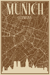 Obraz premium Brown hand-drawn framed poster of the downtown MUNICH, GERMANY with highlighted vintage city skyline and lettering