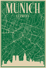 Green hand-drawn framed poster of the downtown MUNICH, GERMANY with highlighted vintage city skyline and lettering