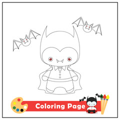 Vector illustration with vampire kawaii. Cute square page coloring book for kids. Simple cute kid drawing. Black outline, sketch on a white background.