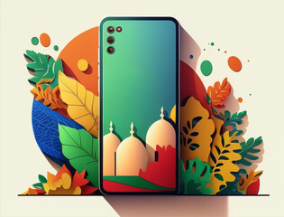 Ramadan background with beautiful handphone with soft color