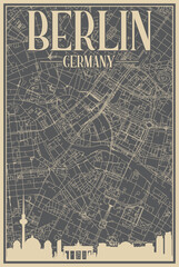 Grey hand-drawn framed poster of the downtown BERLIN, GERMANY with highlighted vintage city skyline and lettering