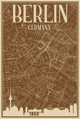 Brown hand-drawn framed poster of the downtown BERLIN, GERMANY with highlighted vintage city skyline and lettering
