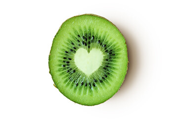 Heart shaped kiwi on white background - Kiwi is good for heart health