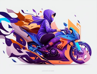 Ramadan illustration with beautiful woman on the motorcycle with soft color