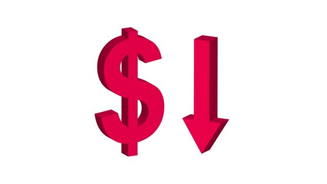 red dollar symbol and down arrow animation with falling currency, profit, investment, business, economy concept