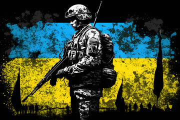 Fototapeta na wymiar Ukrainian War Soldier resting, Ukraine Flag in Background - Illustration Design