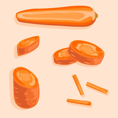 A set of carrots cut in half and into slices. Icons for cooking. Vector graphics. Healthy, diet food.