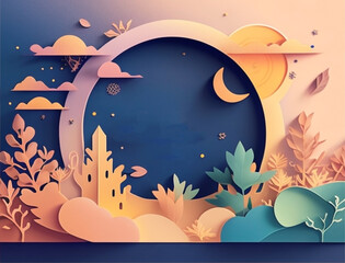 Ramadan illustration with beautiful papercut moon in the night with soft color