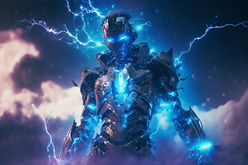 Robot wearing glasses VR ,futuristic tactical armor,VR helmet and weapons standing on a science fiction background. Generative AI.