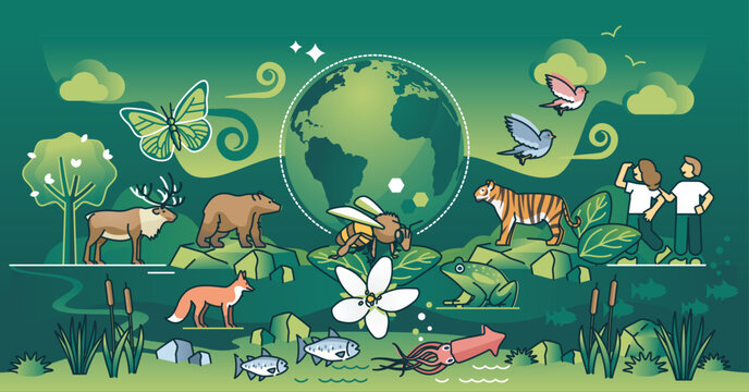 Biodiversity as wildlife species and its habitat protection outline concept. Saving natural ecosystem with dense variation vector illustration. Wild mammal, bird and sea life conservation awareness.