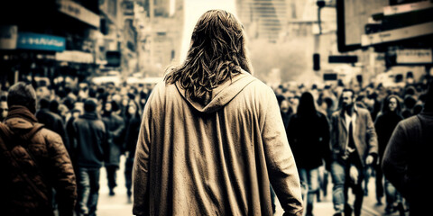 Jesus walking in a modern city with back view among the crowds. Generative AI illustration