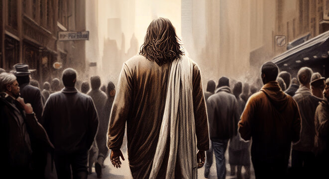 Jesus walking in a modern city with back view among the crowds. Generative AI illustration