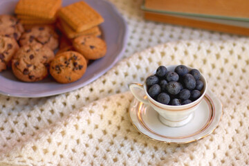 Plate of cookies, cup of tea, fresh blueberries, dry oranges, stack of books, reading glasses and tablet on the table. Hygge at home. Selective focus.