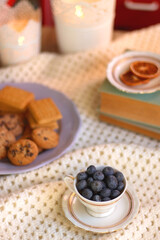 Plate of cookies, cup of tea, fresh blueberries, dry oranges, stack of books, reading glasses and tablet on the table. Hygge at home. Selective focus.