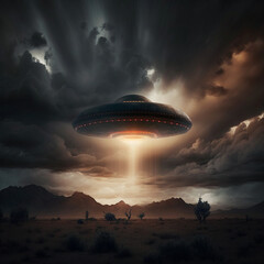 Fototapeta na wymiar A UFO in the sky with thunderclouds hovered over the desert