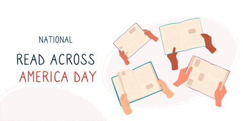 Multiracial hands holding books. Read across America day.