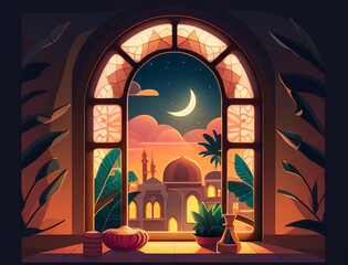 Ramadan illustration with beautiful window in the night with soft color