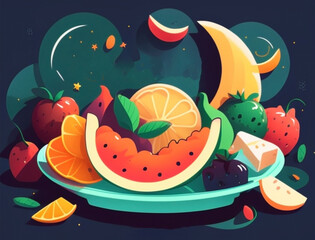 Ramadan illustration with beautiful iftar food and drink in the night with full color