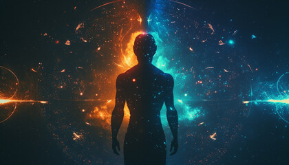 Obraz na płótnie Canvas Male silhouette of an astral body on a fantastic cosmic background