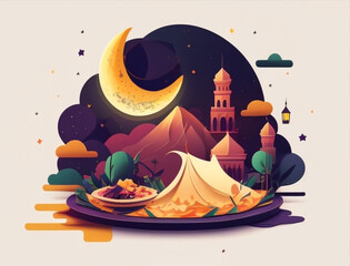 Ramadan illustration with beautiful iftar food and drink in the night with full color