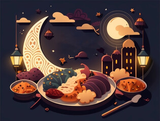 Ramadan illustration with beautiful iftar food and drink in the night with full color