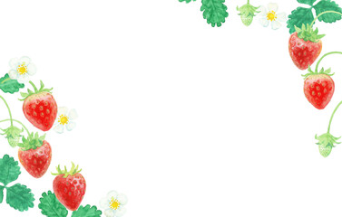 水彩絵の具で描いた春の花といちごフレーム	