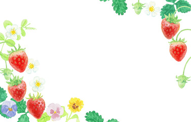 水彩絵の具で描いた春の花といちごフレーム	