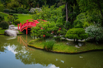 The Japanese garden of Toulouse, in Compans Caffarelli, with its pond and red bridge