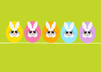 Karte 5 Weiße Osterhasen Sonnenbrille In Ostereiern Von Vorn Grün